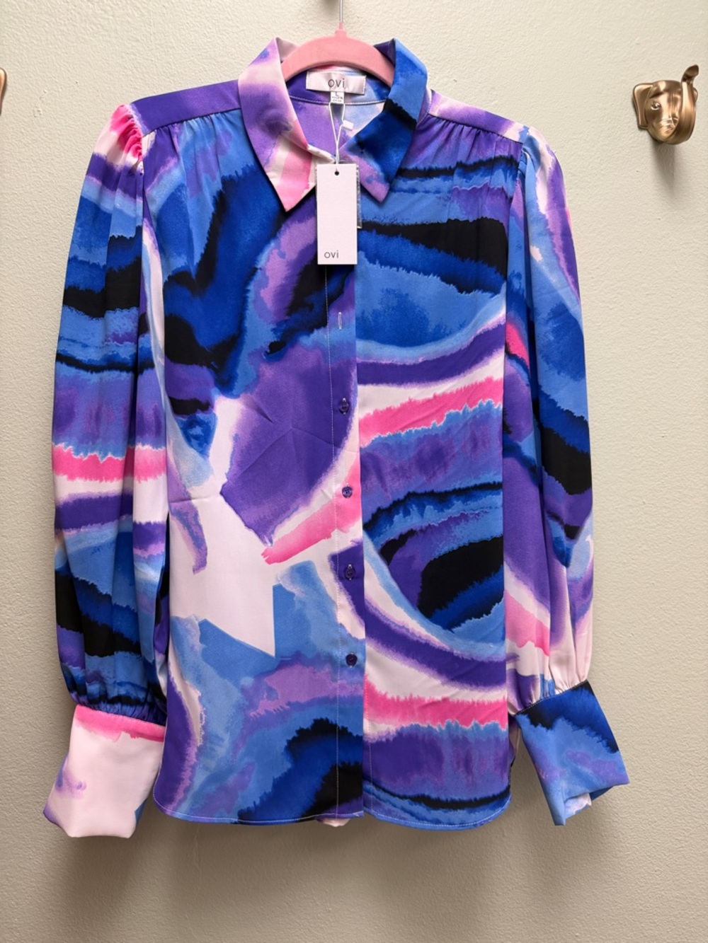 Ovi Vibrant Blue, Purple & Pink Watercolor Button-Up Blouse